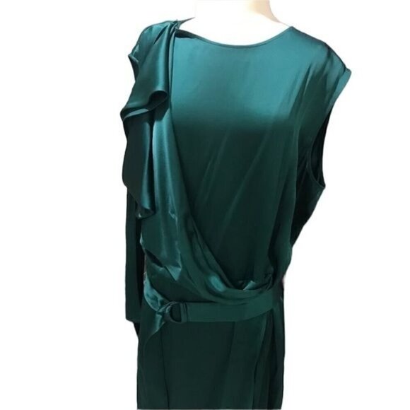Sally Lapointe Dress 18 Green Cowl Neck Drape Luxury Old Money Belted Satin - Picture 3 of 16